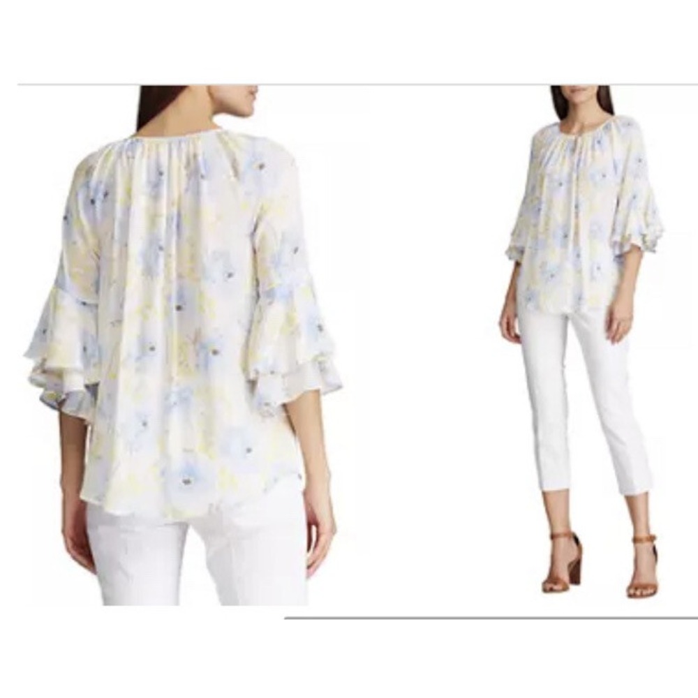 Chaps Ralph Lauren Floral Peasant Blouse Blue Yellow Bell Sleeve Large